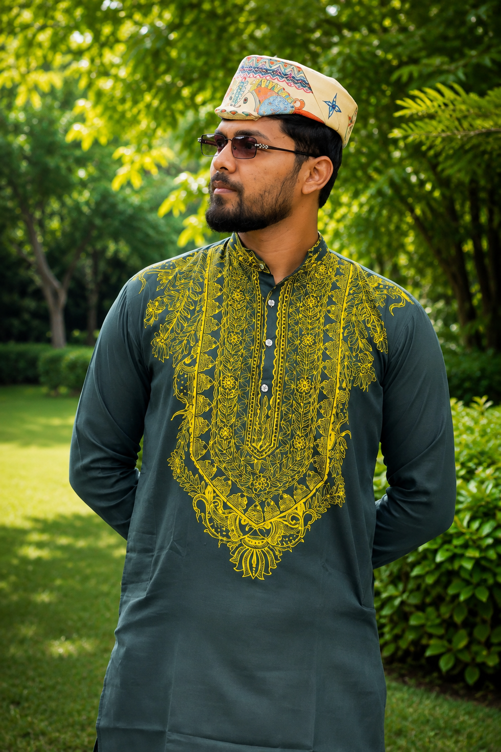 Handmade Mithila (Madhubani) Painting Dark Green Cotton Kurta