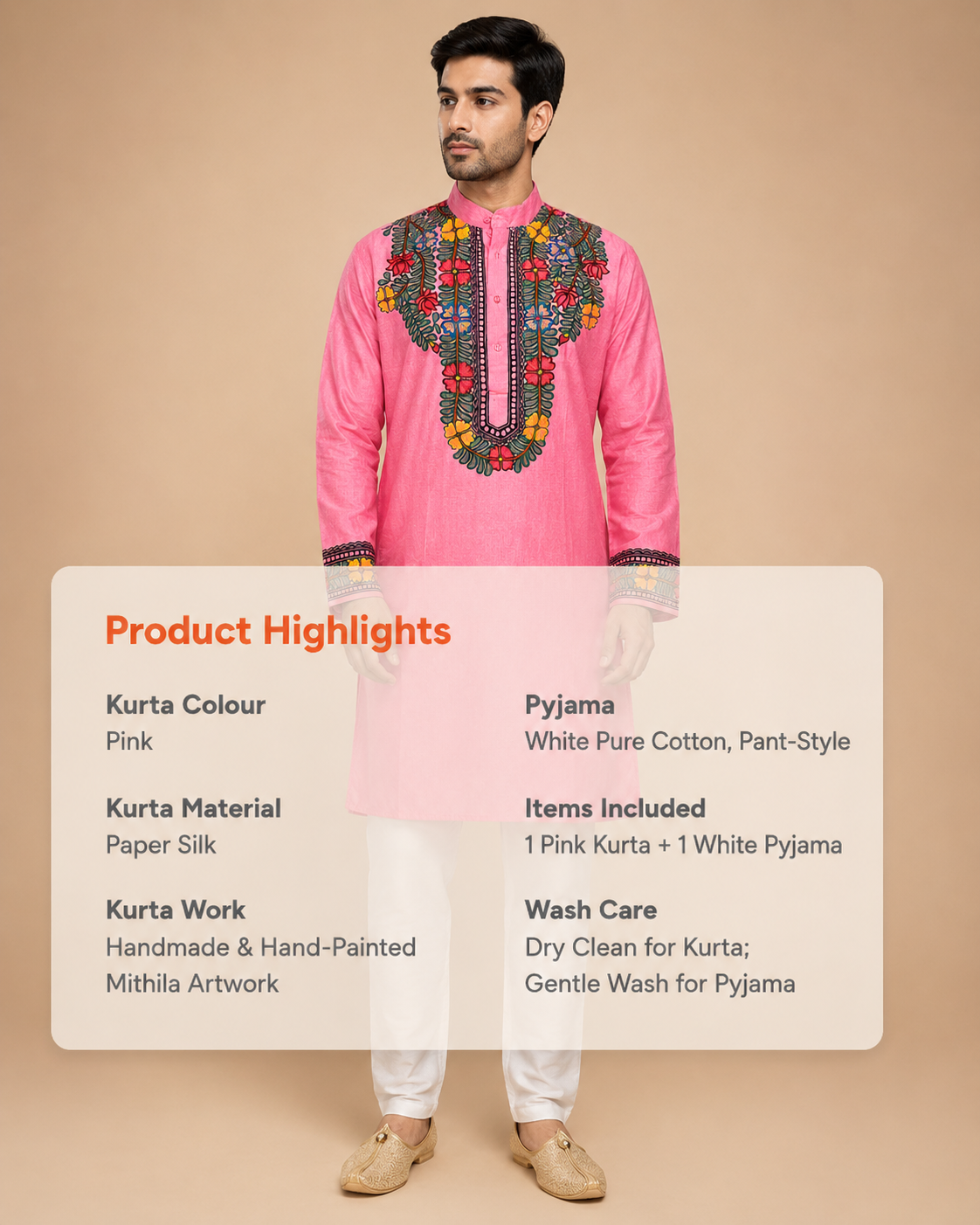 Handcrafted Madhubani Art Pink Kurta for Men | Traditional Mithila Ethnic Wear