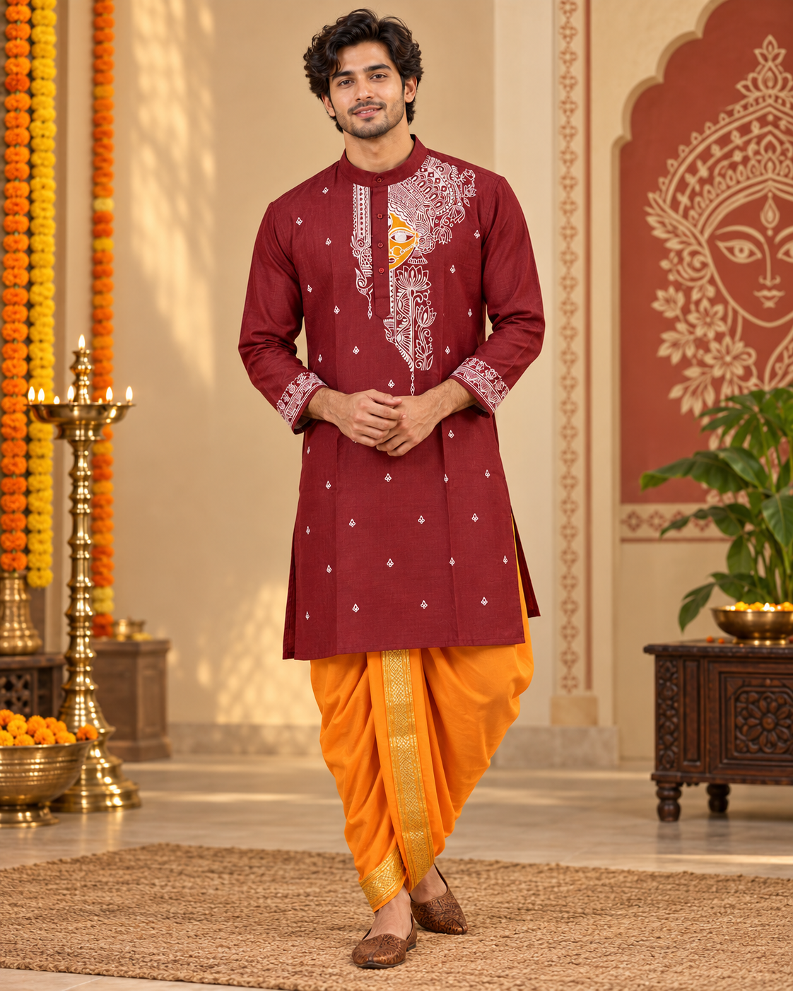 Men’s Durga Puja Special Maroon Madhubani Painting Kurta | Handcrafted Mithila Ethnic Wear
