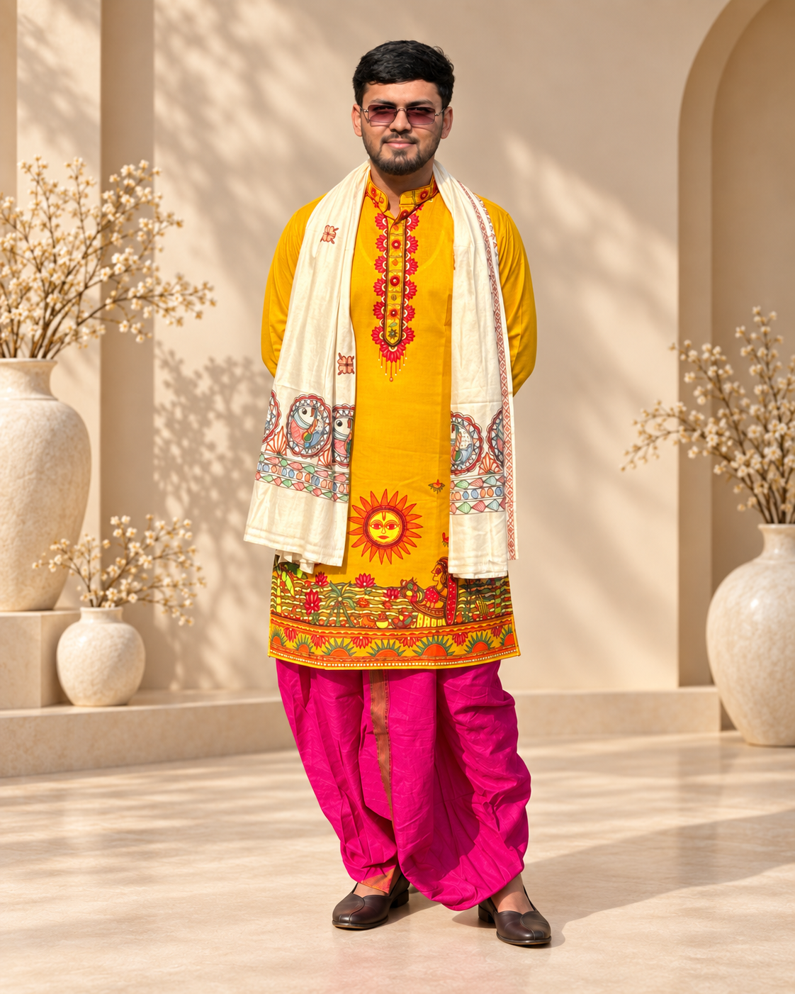 Men’s Chhath Puja Special Yellow Madhubani Painting Kurta | Traditional Mithila Ethnic Wear