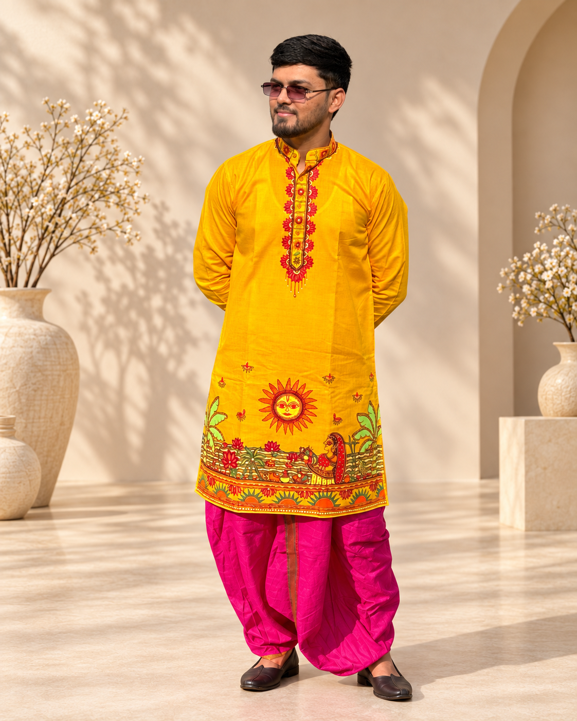 Men’s Chhath Puja Special Yellow Madhubani Painting Kurta | Traditional Mithila Ethnic Wear