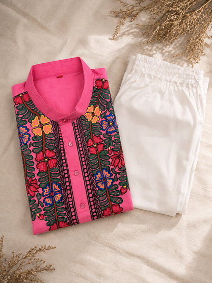 Handcrafted Madhubani Art Pink Kurta for Men | Traditional Mithila Ethnic Wear