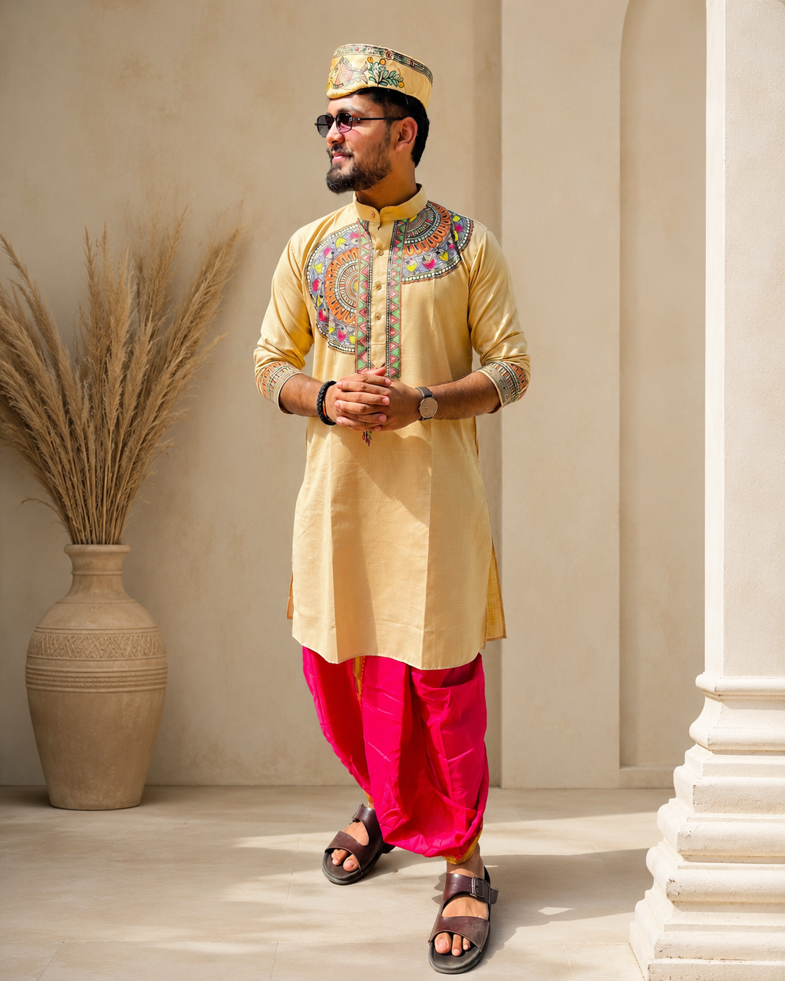 Complete Mithila Traditional Men’s Set – Madhubani Kurta, Pink Silk Dhoti Pant, Paag & Dopta