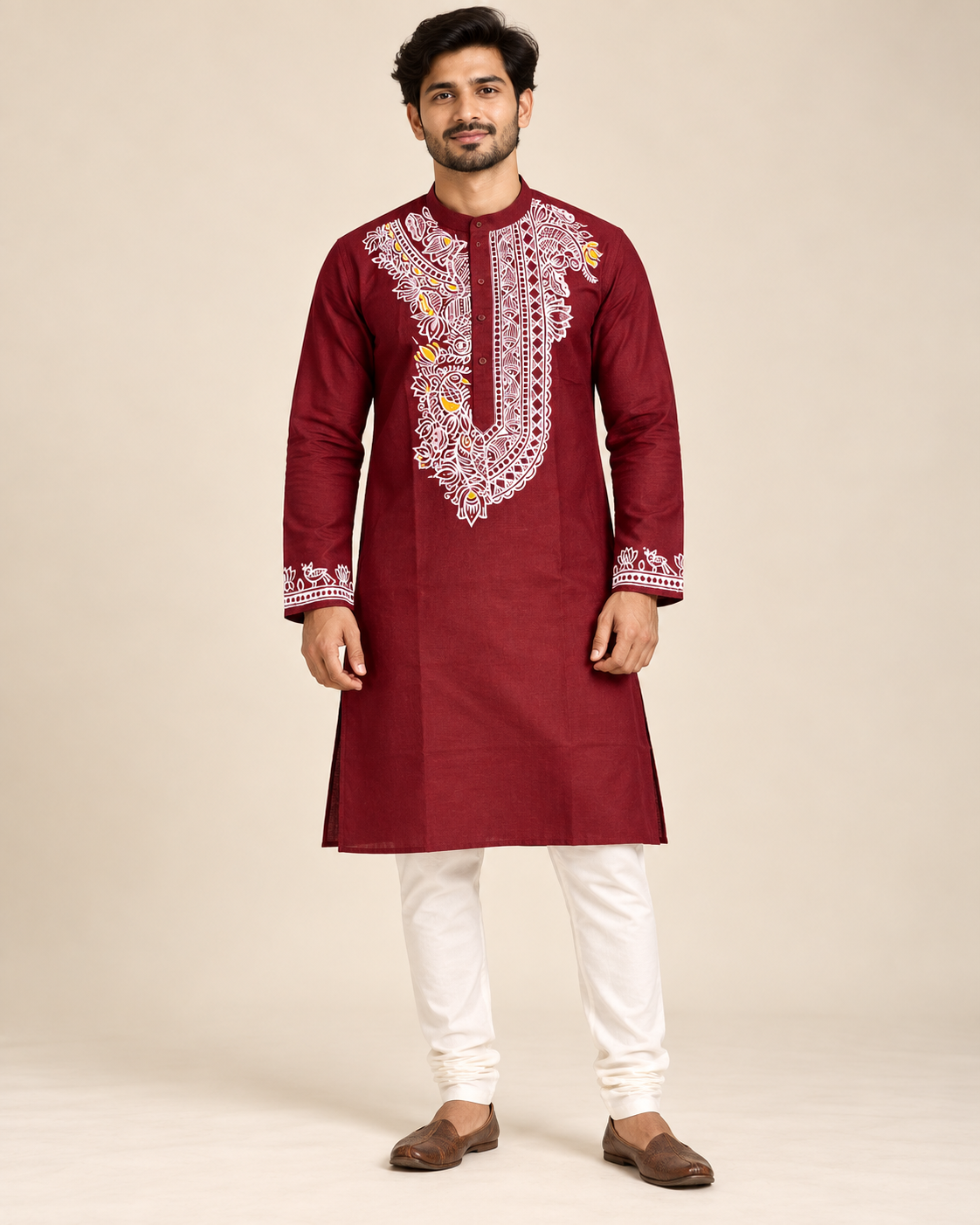 Men’s Maroon Madhubani Hand-Painted Kurta | Traditional Mithila Ethnic Wear