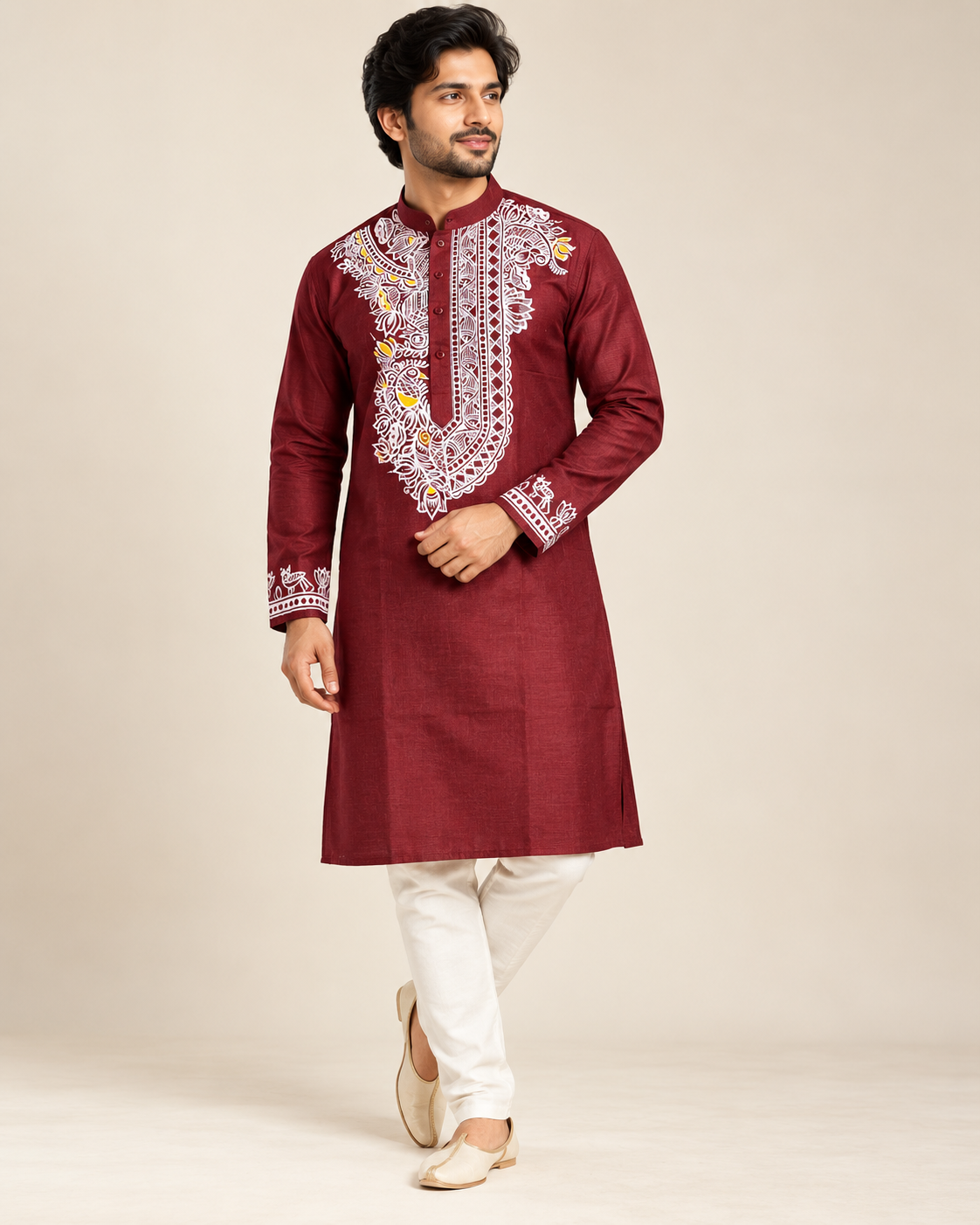 Men’s Maroon Madhubani Hand-Painted Kurta | Traditional Mithila Ethnic Wear