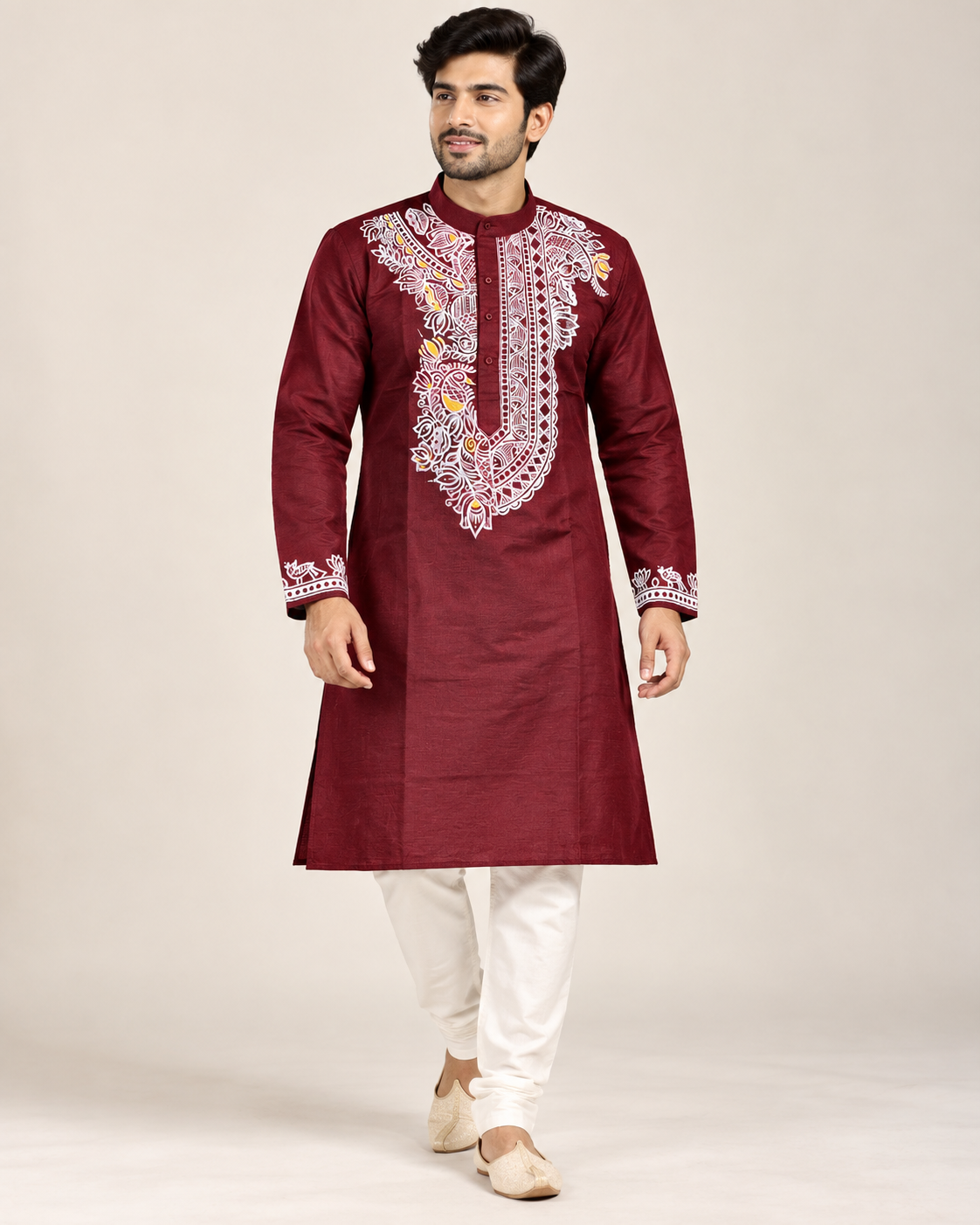 Men’s Maroon Madhubani Hand-Painted Kurta | Traditional Mithila Ethnic Wear