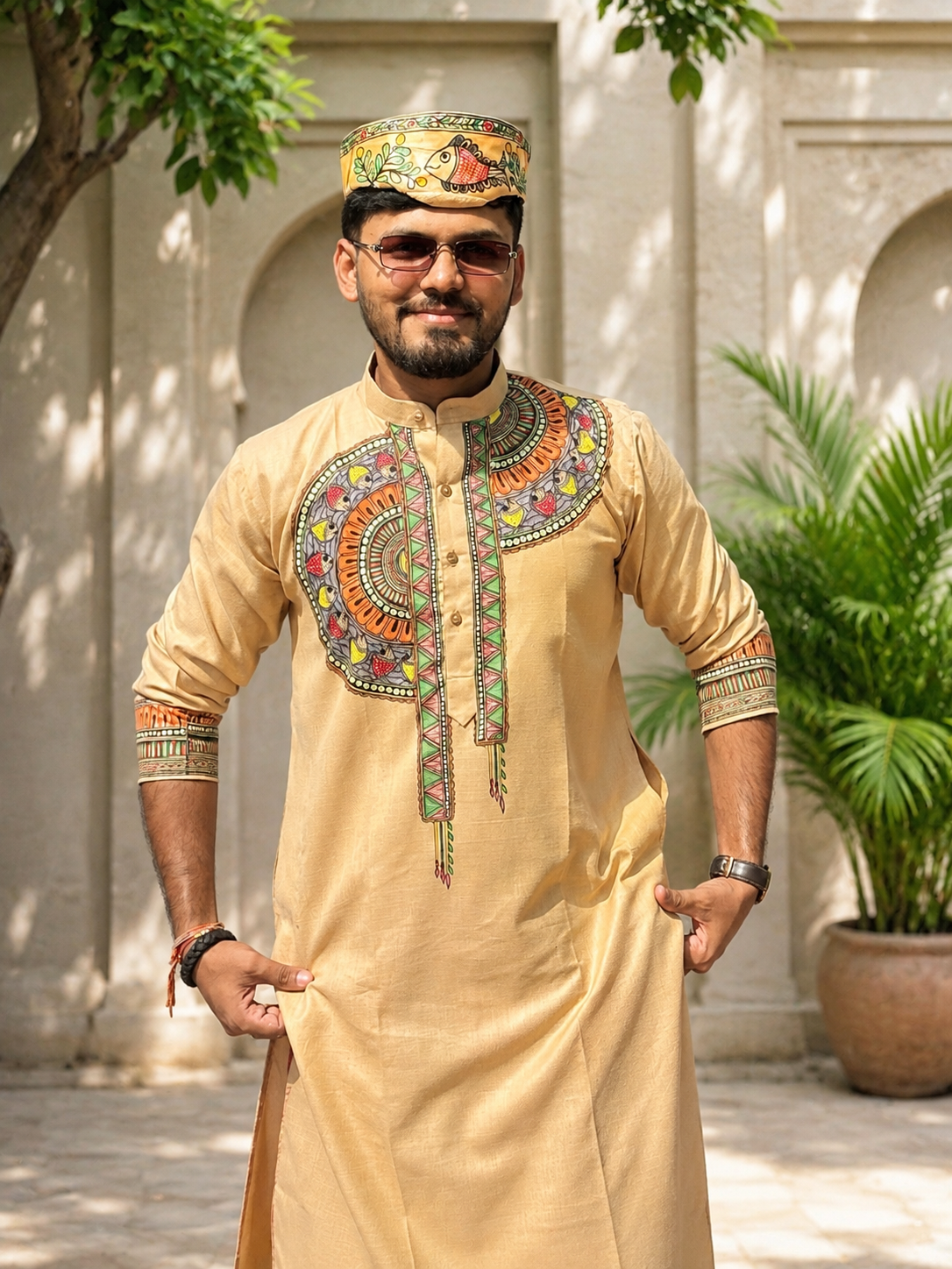 Men’s beige cotton blend kurta with hand-painted Mithila Madhubani artwork.