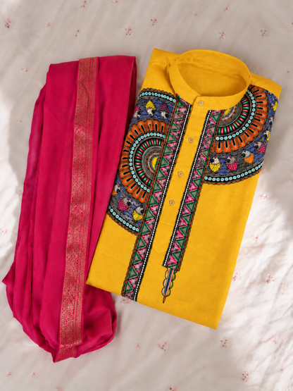 Complete Mithila Traditional Men’s Set – Madhubani Kurta, Pink Silk Dhoti Pant, Paag & Dopta
