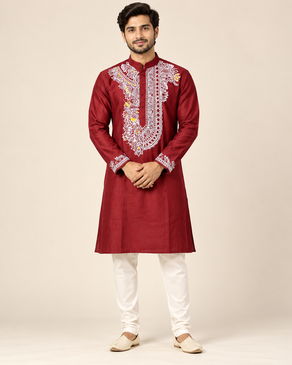 Men’s Maroon Madhubani Hand-Painted Kurta | Traditional Mithila Ethnic Wear