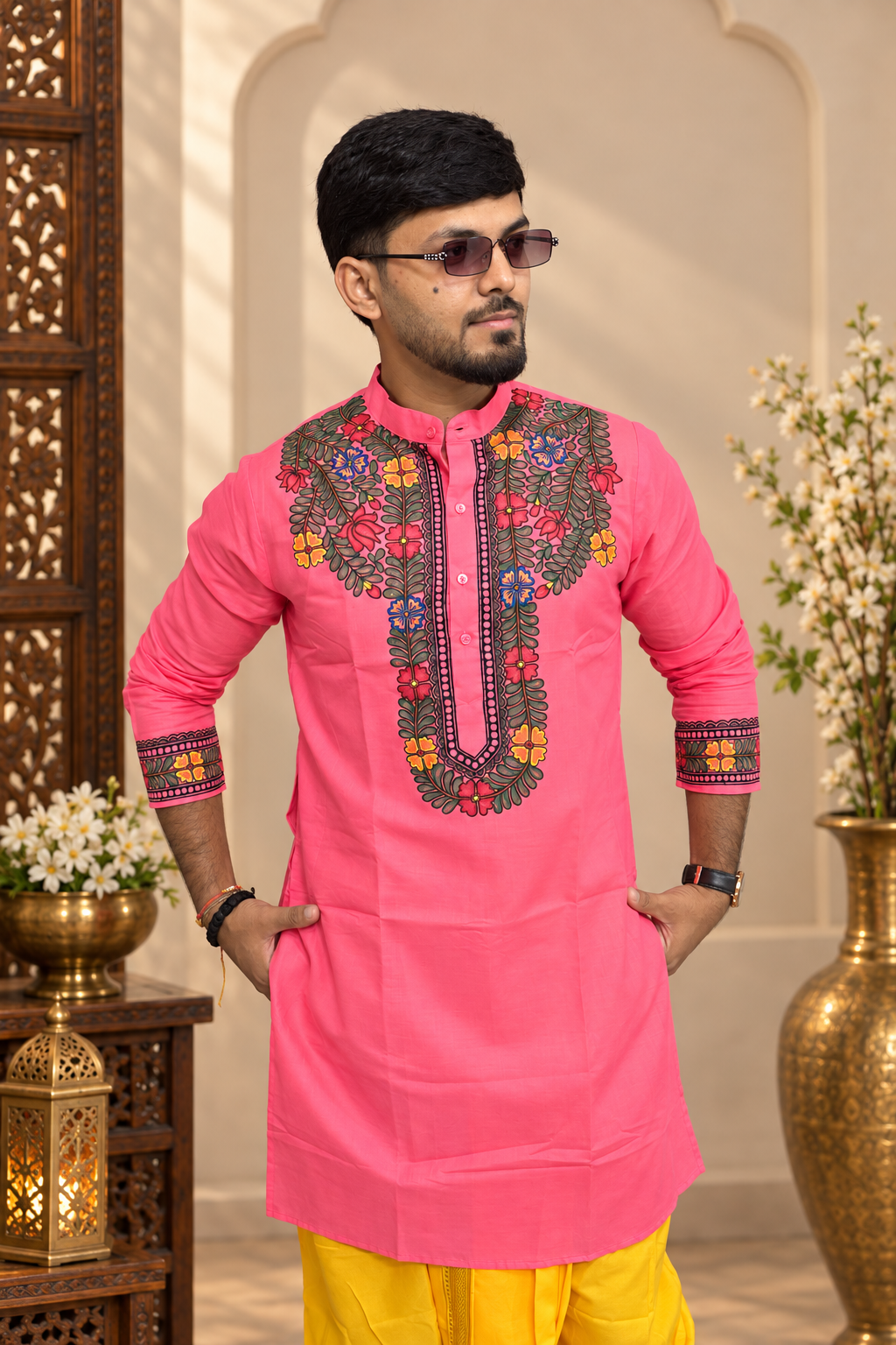 Handcrafted Madhubani Art Pink Kurta for Men | Traditional Mithila Ethnic Wear