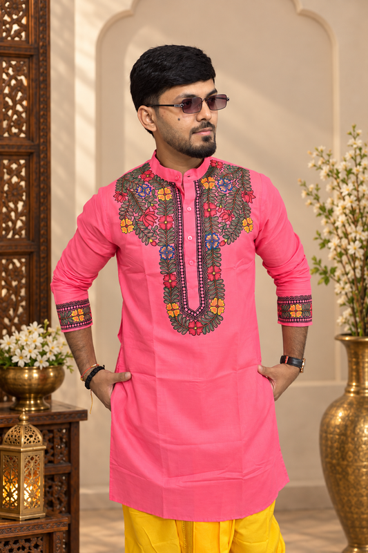 Handcrafted Madhubani Art Pink Kurta for Men | Traditional Mithila Ethnic Wear