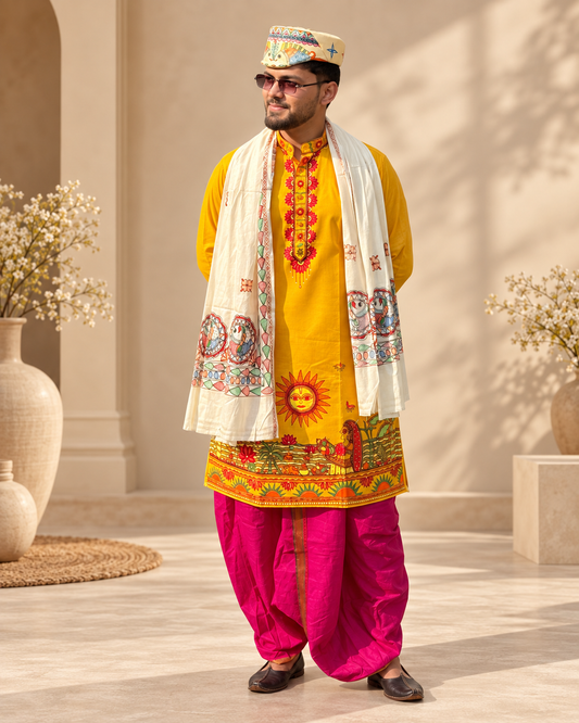 Men’s Chhath Puja Special Yellow Madhubani Painting Kurta | Traditional Mithila Ethnic Wear