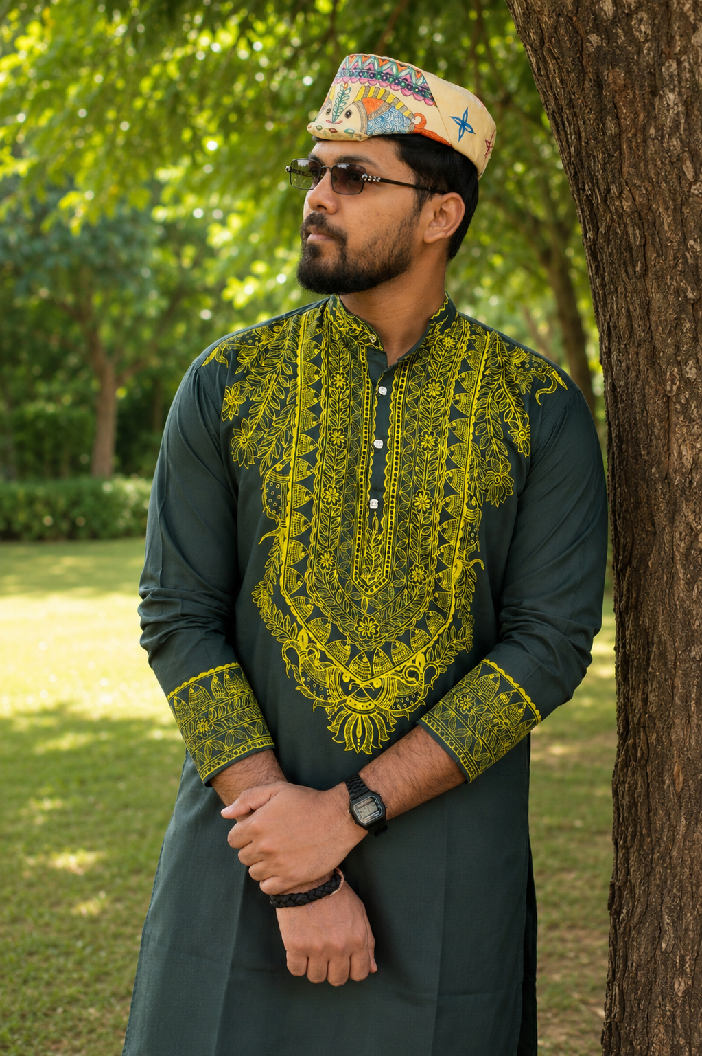 Handmade Mithila (Madhubani) Painting Dark Green Cotton Kurta