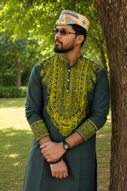 Handmade Mithila (Madhubani) Painting Dark Green Cotton Kurta