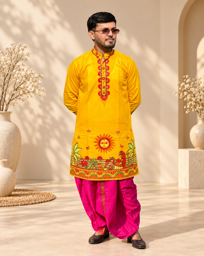 Men’s Chhath Puja Special Yellow Madhubani Painting Kurta | Traditional Mithila Ethnic Wear