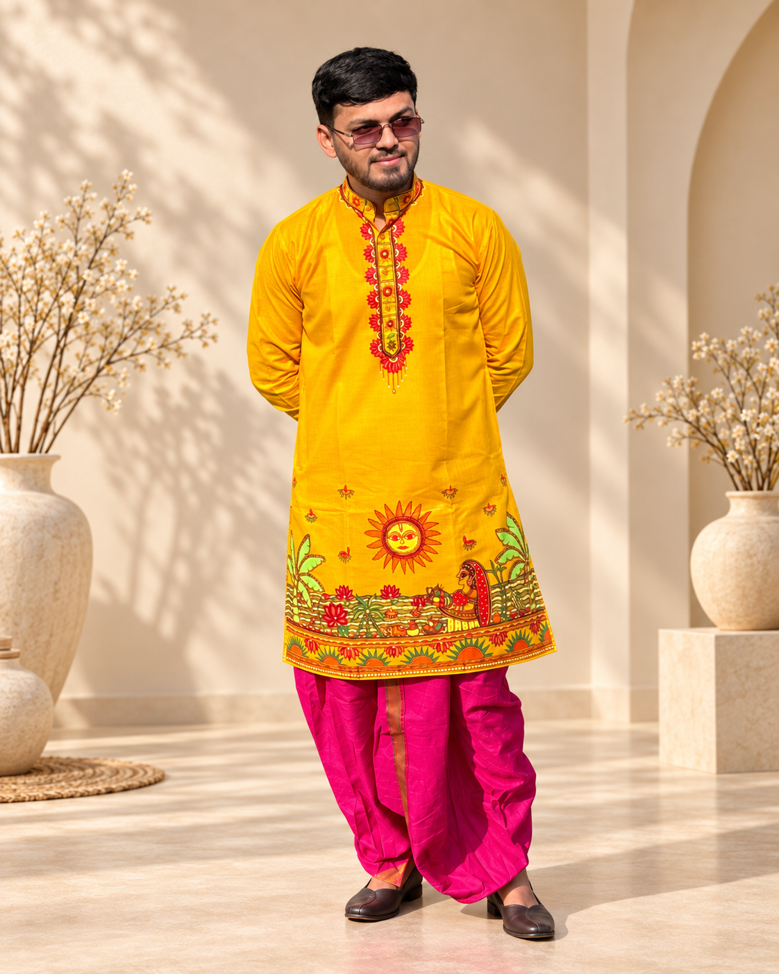 Men’s Chhath Puja Special Yellow Madhubani Painting Kurta | Traditional Mithila Ethnic Wear