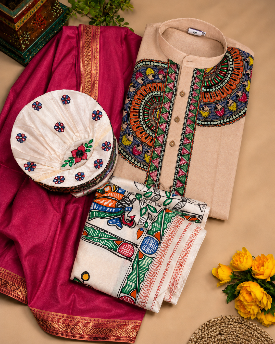 Complete Mithila Traditional Men’s Set – Madhubani Kurta, Pink Silk Dhoti Pant, Paag & Dopta