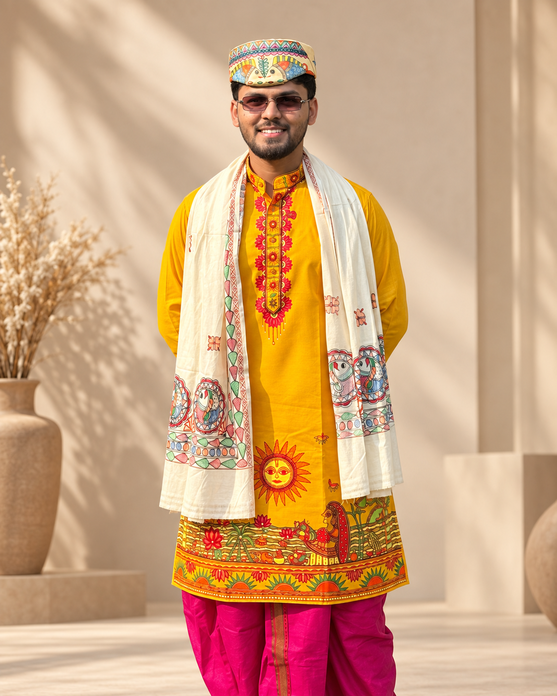 Men’s Chhath Puja Special Yellow Madhubani Painting Kurta | Traditional Mithila Ethnic Wear