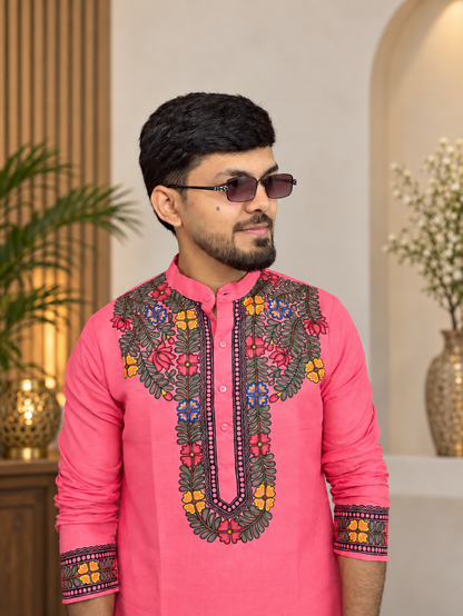 Handcrafted Madhubani Art Pink Kurta for Men | Traditional Mithila Ethnic Wear