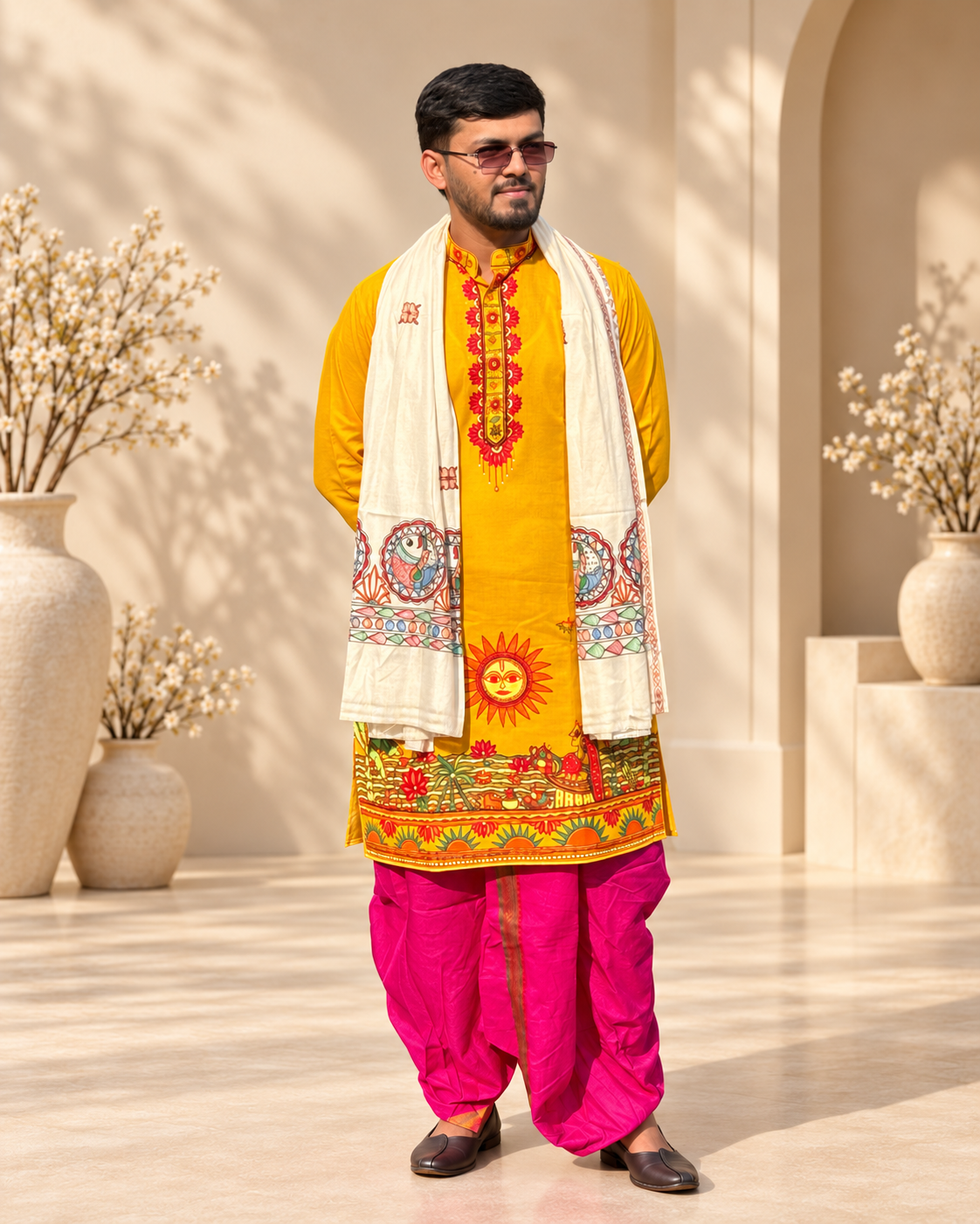 Men’s Chhath Puja Special Yellow Madhubani Painting Kurta | Traditional Mithila Ethnic Wear
