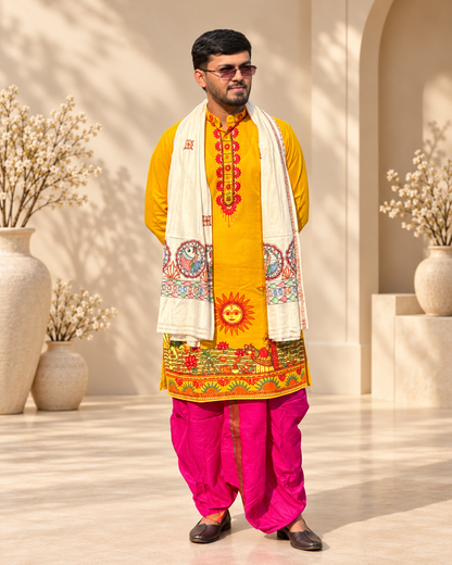 Men’s Chhath Puja Special Yellow Madhubani Painting Kurta | Traditional Mithila Ethnic Wear