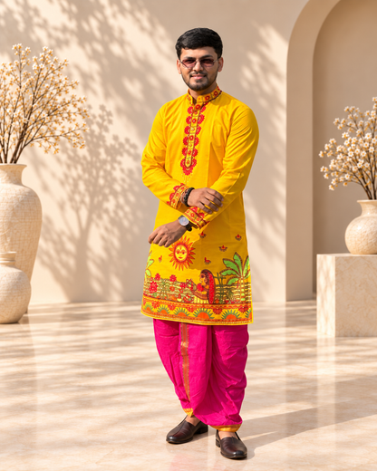 Men’s Chhath Puja Special Yellow Madhubani Painting Kurta | Traditional Mithila Ethnic Wear