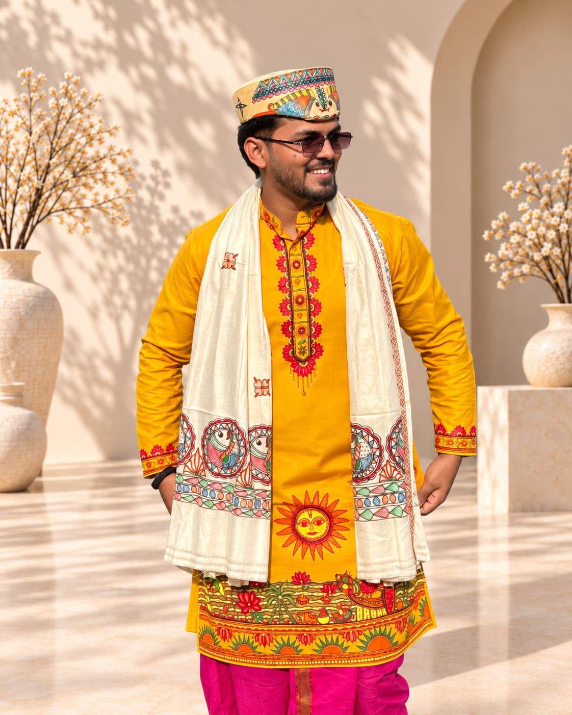 Men’s Chhath Puja Special Yellow Madhubani Painting Kurta | Traditional Mithila Ethnic Wear