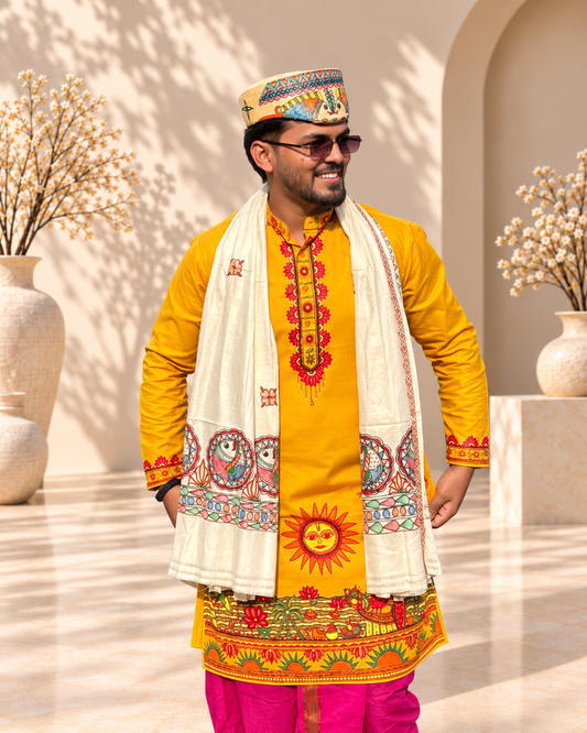 Men’s Chhath Puja Special Yellow Madhubani Painting Kurta | Traditional Mithila Ethnic Wear