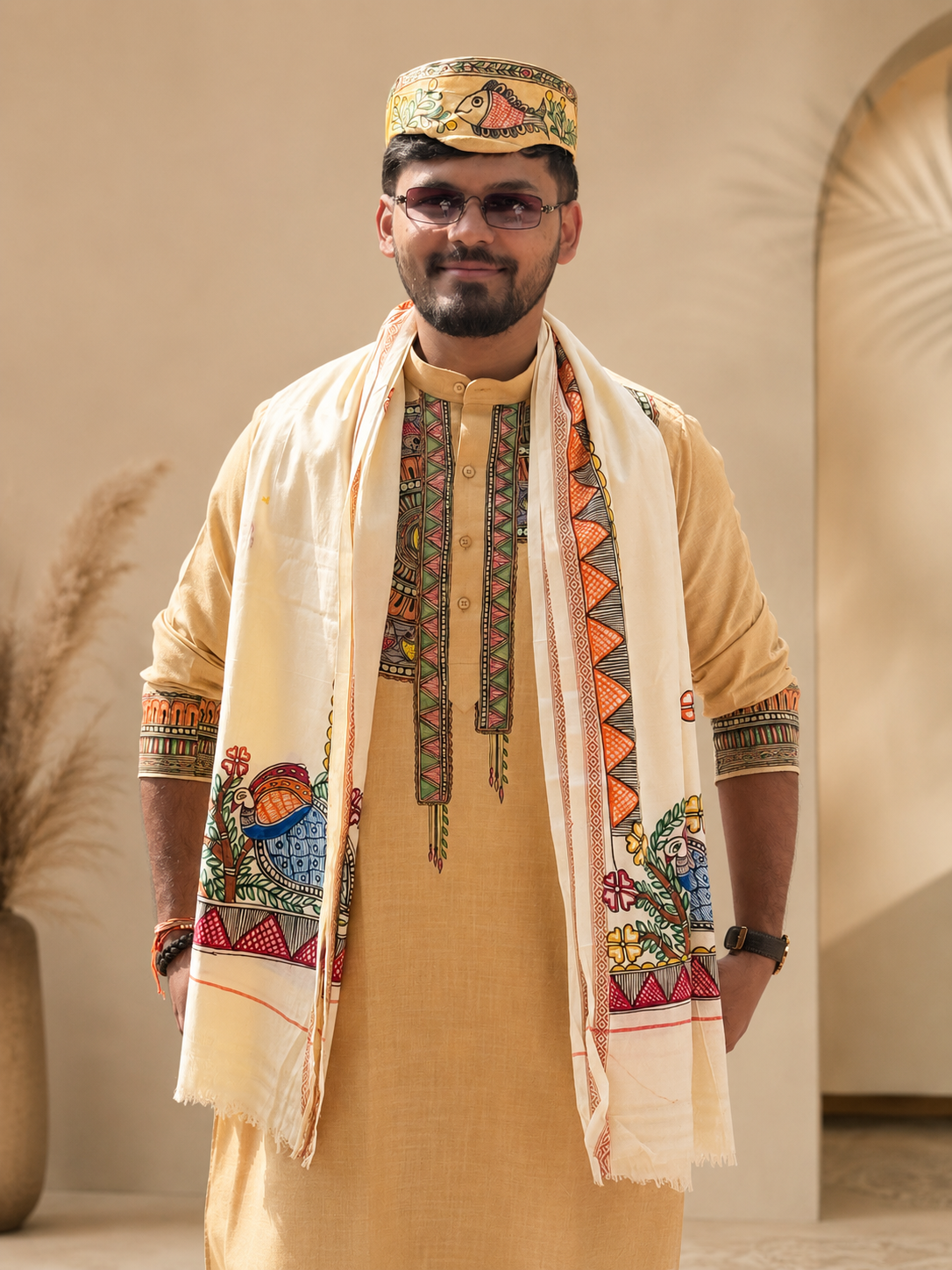 Complete Mithila Traditional Men’s Set – Madhubani Kurta, Pink Silk Dhoti Pant, Paag & Dopta