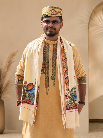 Complete Mithila Traditional Men’s Set – Madhubani Kurta, Pink Silk Dhoti Pant, Paag & Dopta