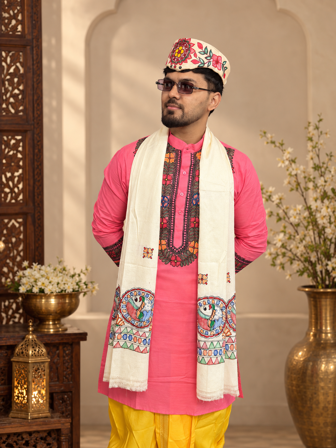 Handcrafted Madhubani Art Pink Kurta for Men | Traditional Mithila Ethnic Wear