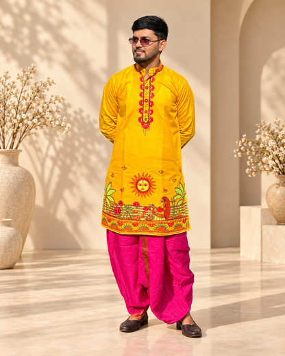 Men’s Chhath Puja Special Yellow Madhubani Painting Kurta | Traditional Mithila Ethnic Wear