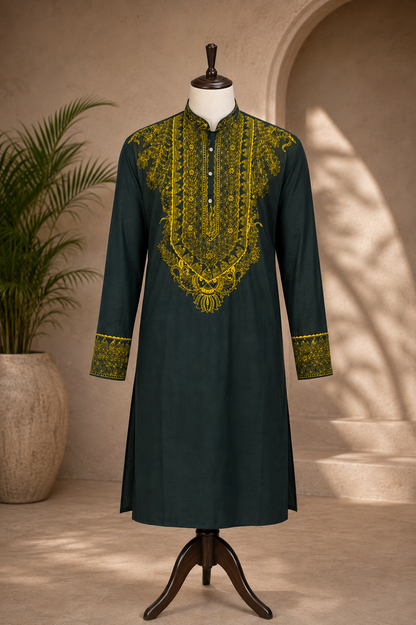 Handmade Mithila (Madhubani) Painting Dark Green Cotton Kurta
