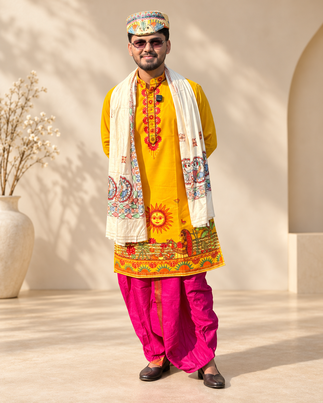 Men’s Chhath Puja Special Yellow Madhubani Painting Kurta | Traditional Mithila Ethnic Wear