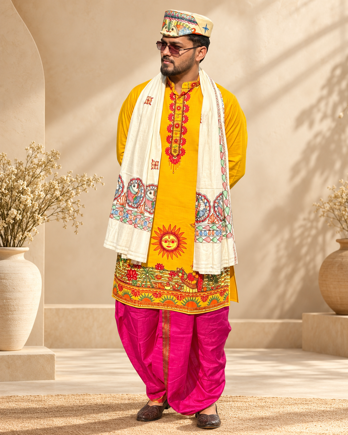 Men’s Chhath Puja Special Yellow Madhubani Painting Kurta | Traditional Mithila Ethnic Wear
