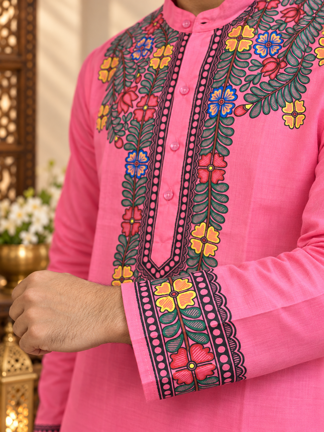 Handcrafted Madhubani Art Pink Kurta for Men | Traditional Mithila Ethnic Wear