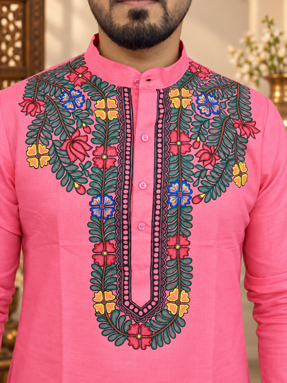 Handcrafted Madhubani Art Pink Kurta for Men | Traditional Mithila Ethnic Wear