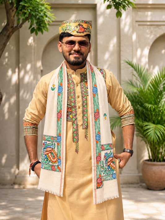 Men’s beige cotton blend kurta with hand-painted Mithila Madhubani artwork