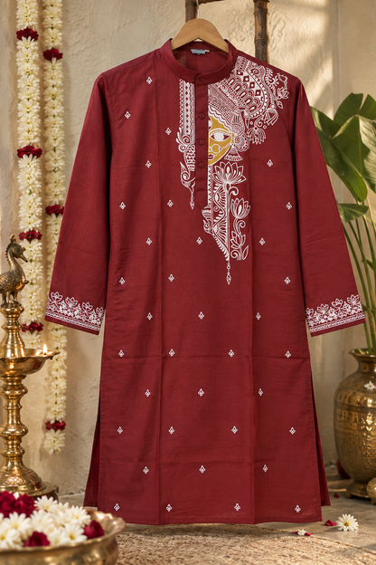Men’s Durga Puja Special Maroon Madhubani Painting Kurta | Handcrafted Mithila Ethnic Wear