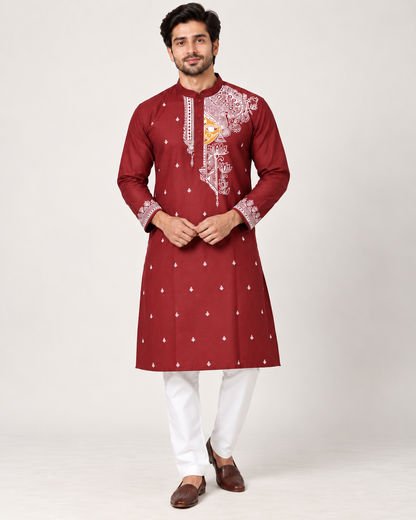 Men’s Durga Puja Special Maroon Madhubani Painting Kurta | Handcrafted Mithila Ethnic Wear