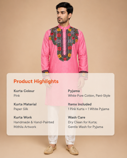 Handcrafted Madhubani Art Pink Kurta for Men | Traditional Mithila Ethnic Wear