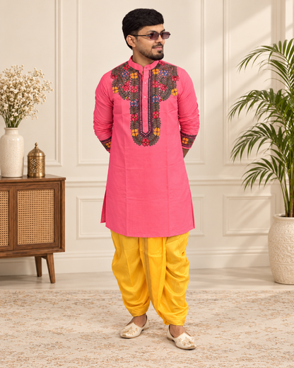 Handcrafted Madhubani Art Pink Kurta for Men | Traditional Mithila Ethnic Wear