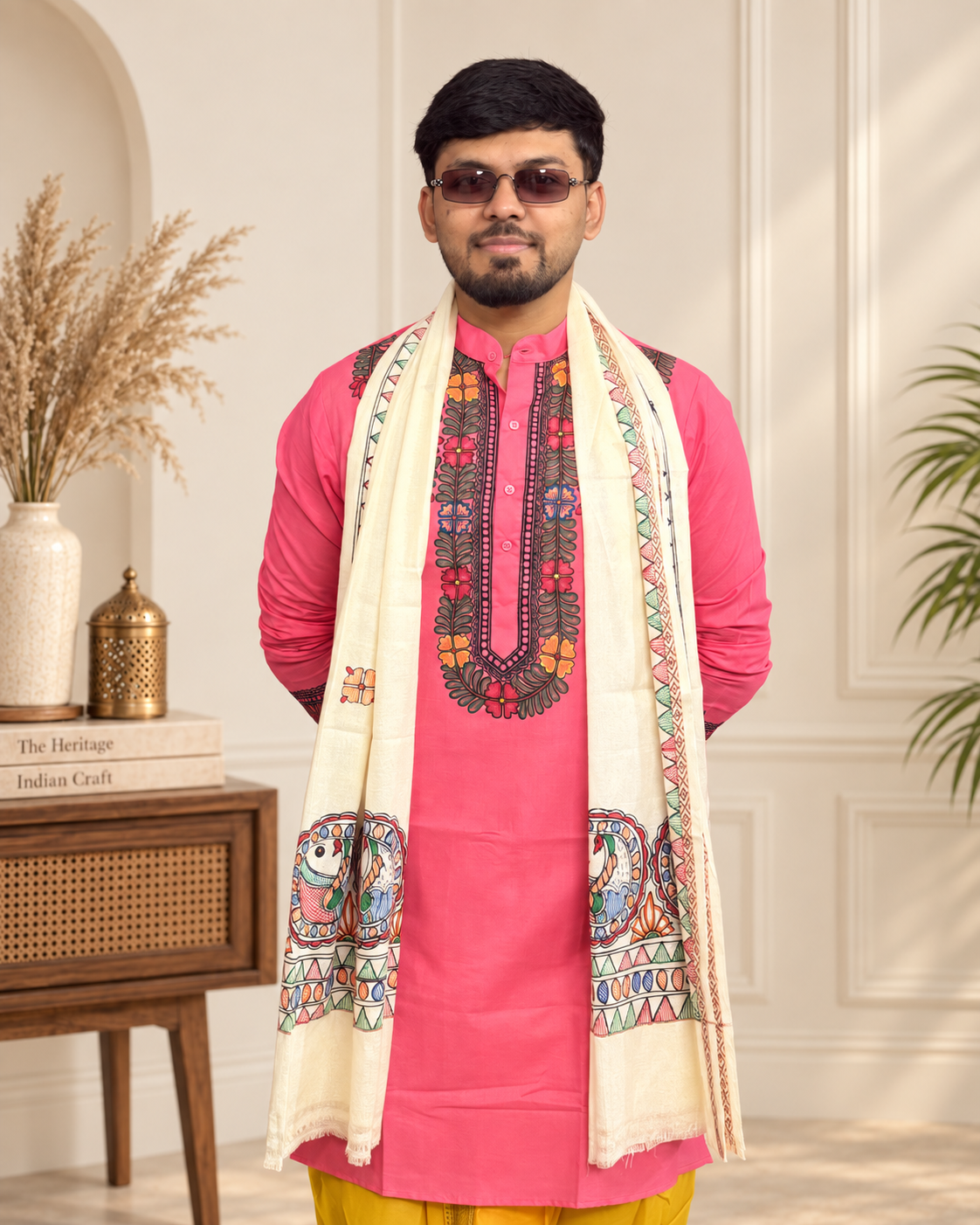 Handcrafted Madhubani Art Pink Kurta for Men | Traditional Mithila Ethnic Wear