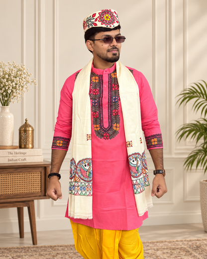 Handcrafted Madhubani Art Pink Kurta for Men | Traditional Mithila Ethnic Wear