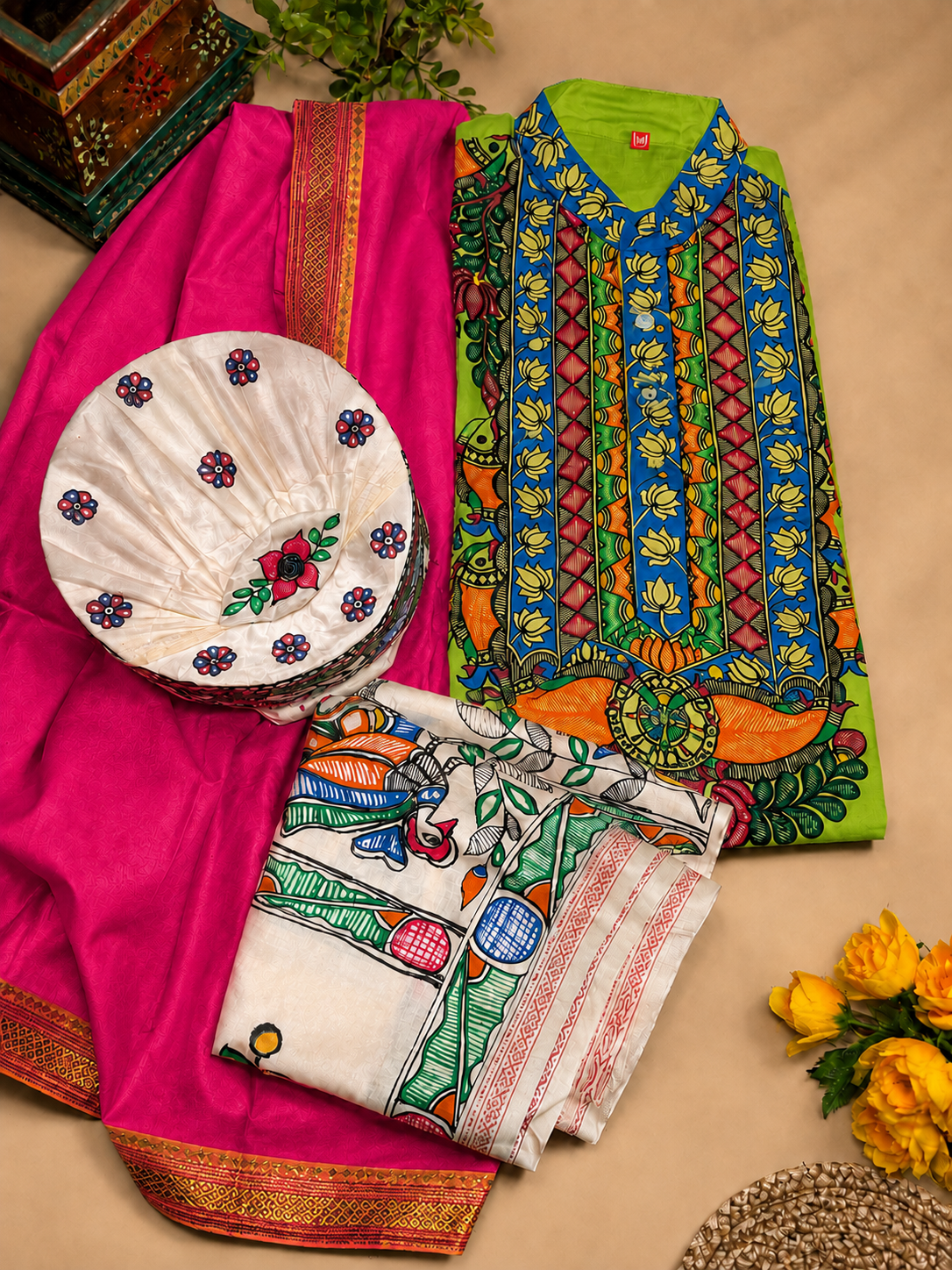 Men’s Complete Mithila Traditional Set – Parrot Green Madhubani Kurta, Silk Dhoti Pant or Pajama , Paag & Dopta