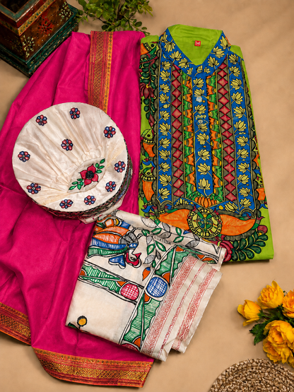 Men’s Complete Mithila Traditional Set – Parrot Green Madhubani Kurta, Silk Dhoti Pant or Pajama , Paag & Dopta