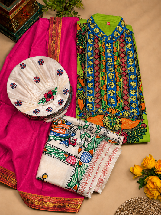 Men’s Complete Mithila Traditional Set – Parrot Green Madhubani Kurta, Silk Dhoti Pant or Pajama , Paag & Dopta