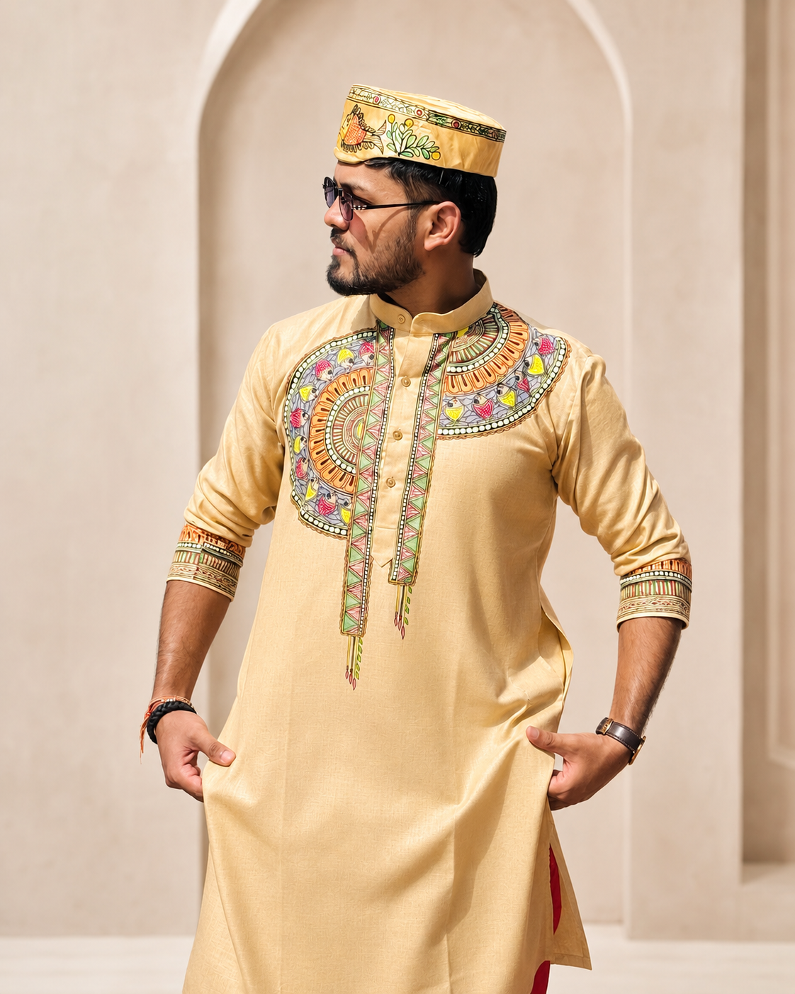 Men’s beige cotton blend kurta with hand-painted Mithila Madhubani artwork.