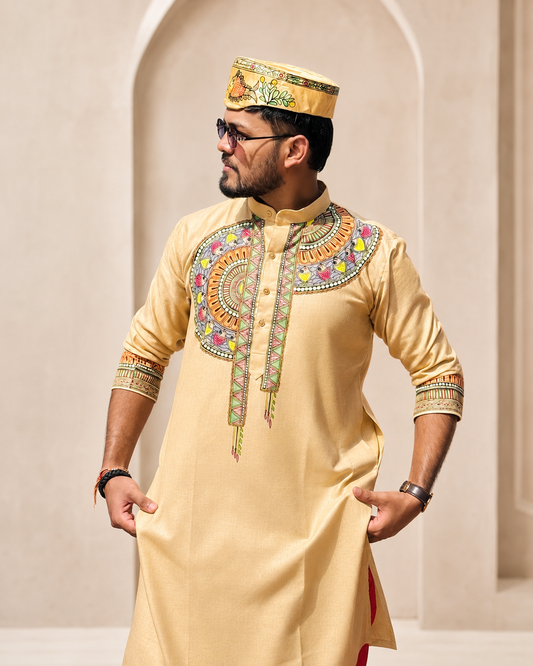 Men’s beige cotton blend kurta with hand-painted Mithila Madhubani artwork.