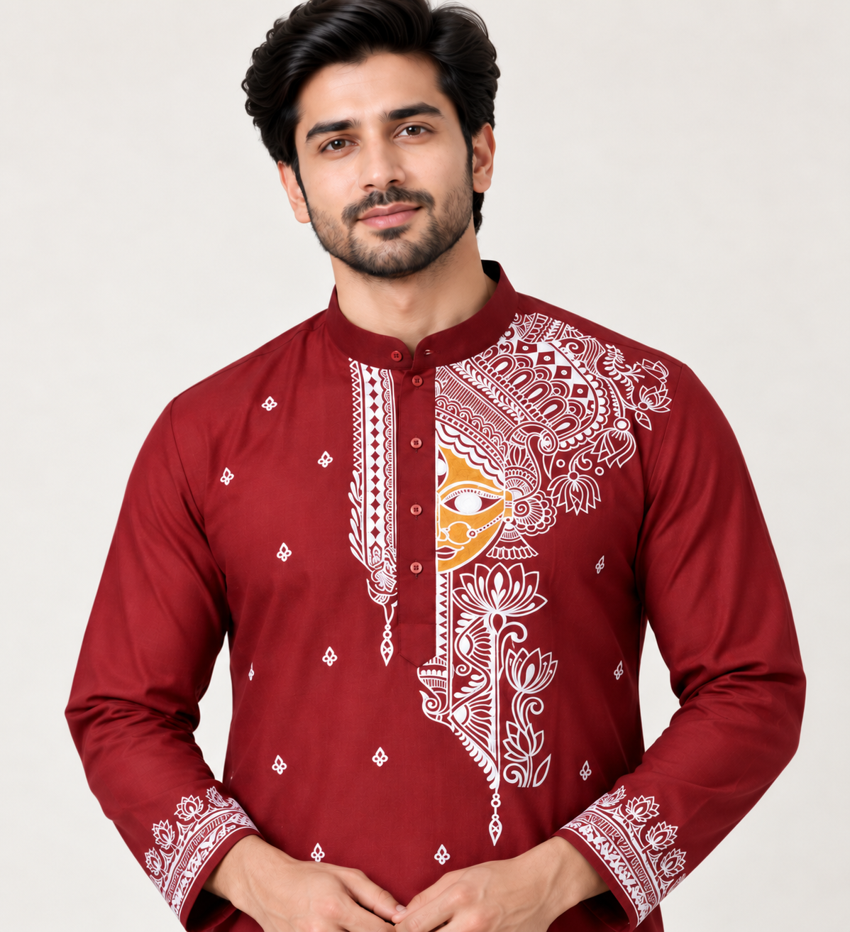 Men’s Durga Puja Special Maroon Madhubani Painting Kurta | Handcrafted Mithila Ethnic Wear